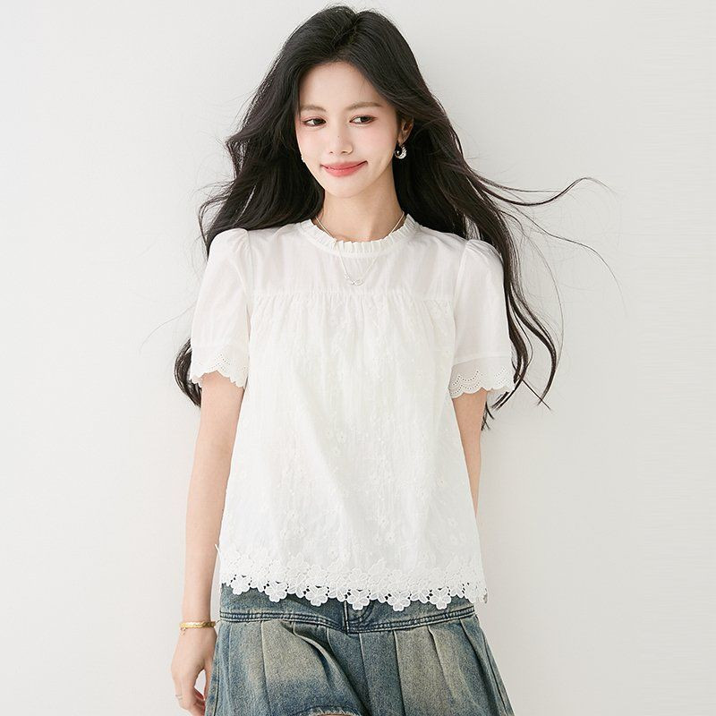 여성 봄 여름 라운드넥 프릴 반팔 자수 레이스 블라우스 2XL 출근룩 한국스타일 - 상품 이미지
