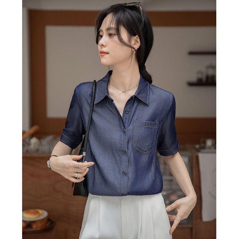 봄 여름 여성 브이넥 반팔셔츠 루즈핏 데님라이크 데일리룩 캐주얼 남방 포켓 면티 - 상세 이미지 5