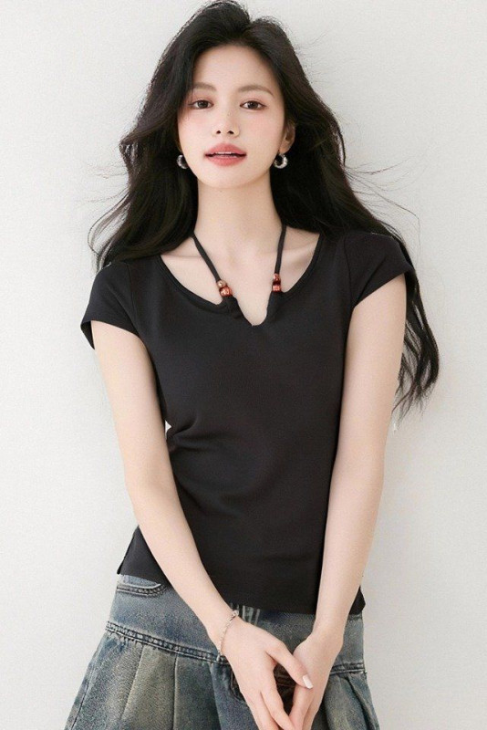 봄 여름 여성 브이넥 반팔티셔츠 백스트랩 슬림핏 홀터넥 데일리룩 캐주얼 면티셔츠 - 상세 이미지 5