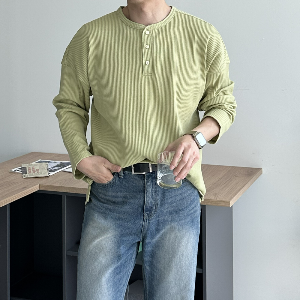 피케 헨리넥 티셔츠 구김없는 오버핏 정장 흰색 남자 긴팔티 이미지 6