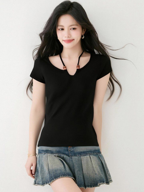 봄 여름 여성 브이넥 반팔티셔츠 백스트랩 슬림핏 홀터넥 데일리룩 캐주얼 면티셔츠 - 상세 이미지 3