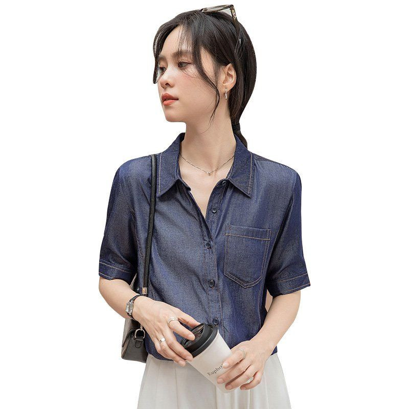봄 여름 여성 브이넥 반팔셔츠 루즈핏 데님라이크 데일리룩 캐주얼 남방 포켓 면티 이미지 6