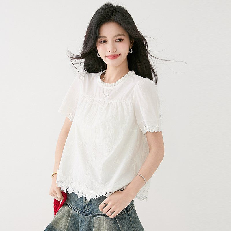 여성 봄 여름 라운드넥 프릴 반팔 자수 레이스 블라우스 2XL 출근룩 한국스타일 - 상세 이미지 2