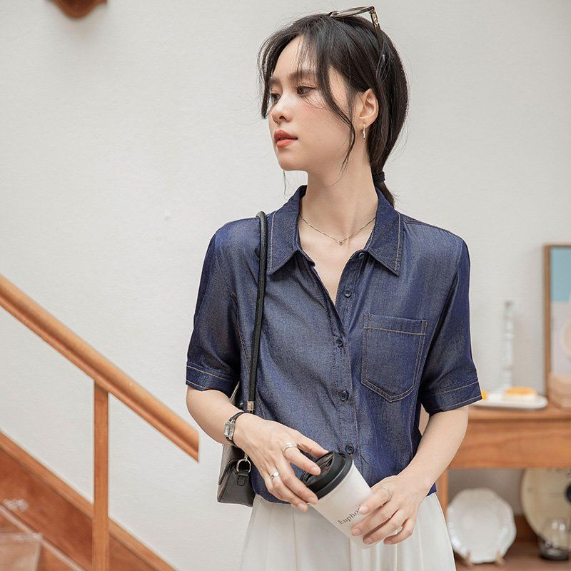 봄 여름 여성 브이넥 반팔셔츠 루즈핏 데님라이크 데일리룩 캐주얼 남방 포켓 면티 - 상세 이미지 2