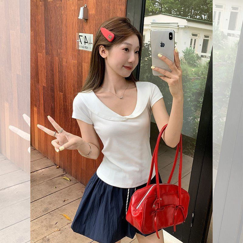 봄 여름 슬림핏 빅카라 반팔 티셔츠 데일리룩 페미닌룩 면스판 세일러카라 티셔츠 - 상세 이미지 3