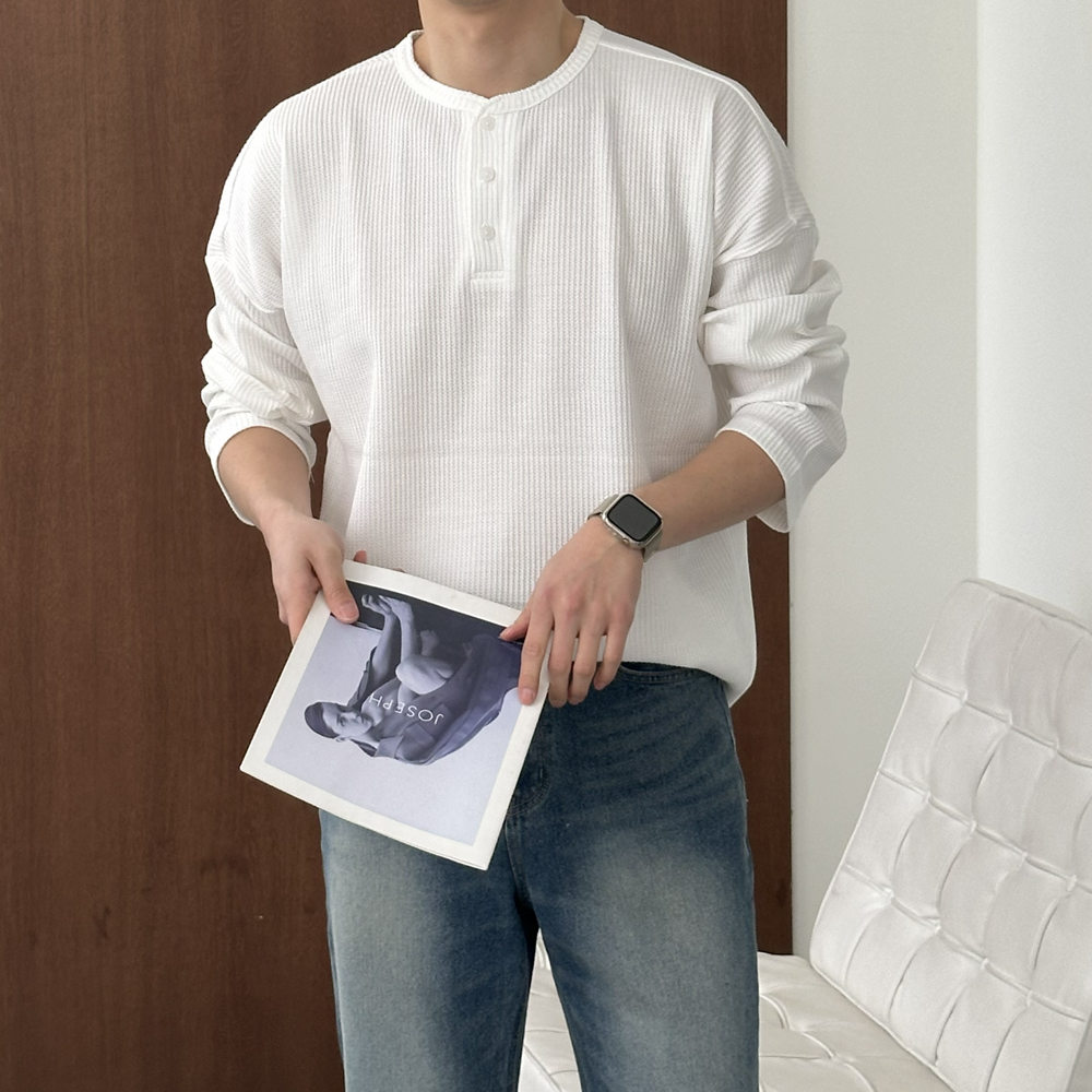 피케 헨리넥 티셔츠 구김없는 오버핏 정장 흰색 남자 긴팔티 - 상세 이미지 5
