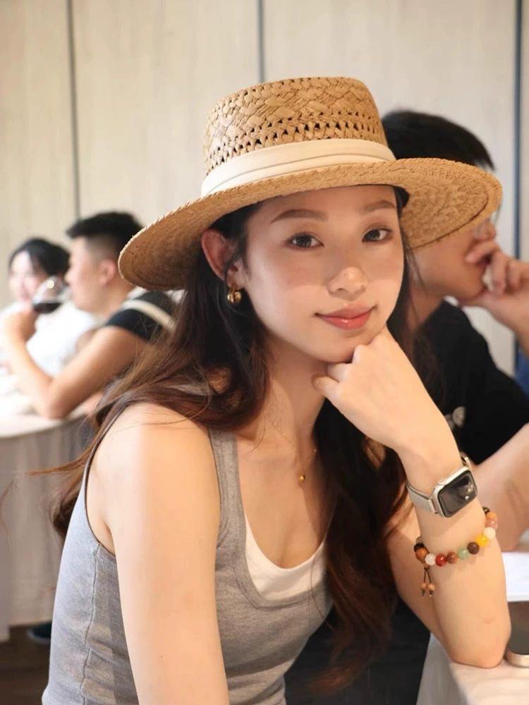 여성 여름 모자 프렌치 스타일 버킷햇 썬캡 밀짚 자외선차단 패션 챙모자 카키 플랫베이지 M(56-58cm) - 상품 이미지