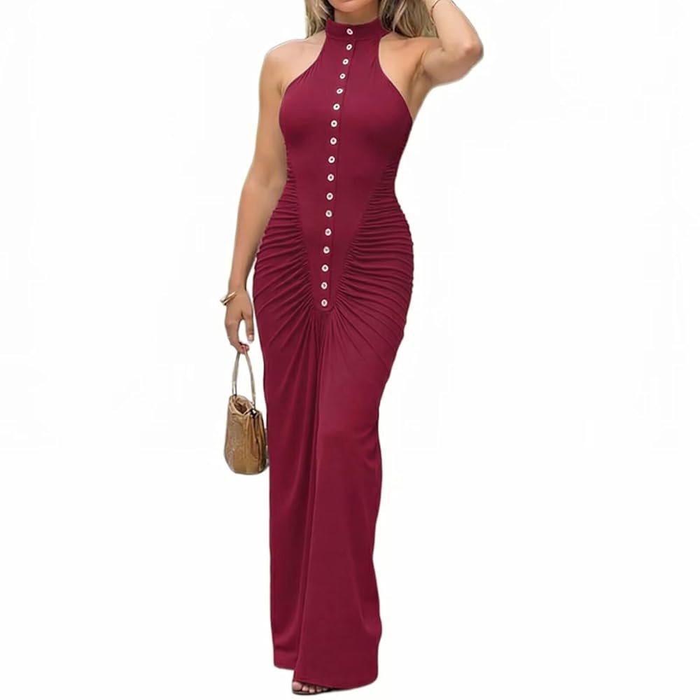 Ekaliy Women s Sexy Halter Maxi Club Dress Bodycon Cocktail Dresses Summer Party Sleeveless Wine Ruc - 상품 이미지