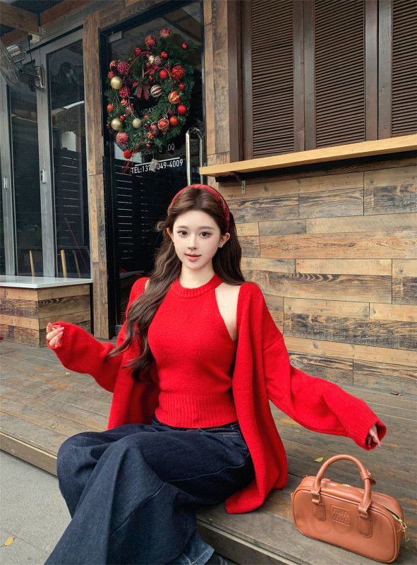 여성 빈티지 무드 프리미엄 울 소재 루즈핏 가디건 슬리브리스 민소매 코디 니트 투피스 데일리룩 오피스룩 - 상세 이미지 3