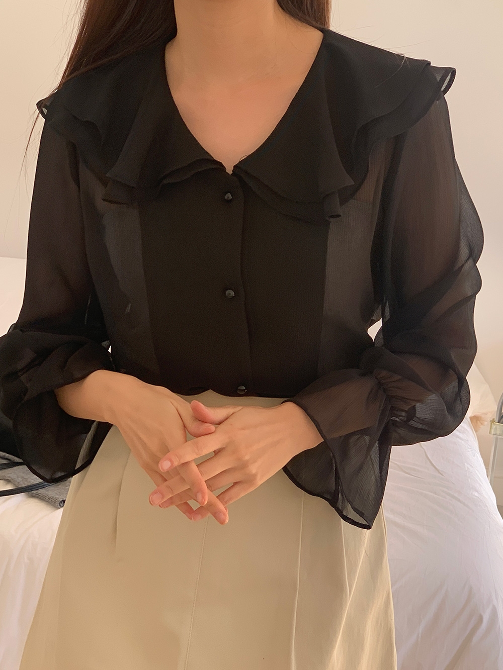 쉬폰블라우스 시스루블라우스 빅카라 프릴 셔링 하객룩 출근룩 셔츠 이미지 7