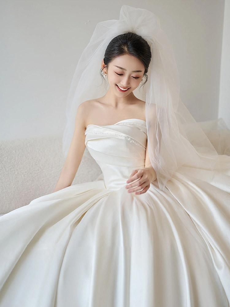셀프웨딩 타프타 웨딩스냅 야외스냅 촬영 드레스 2부 화이트 플로어 길이 단품 XS - 상세 이미지 4