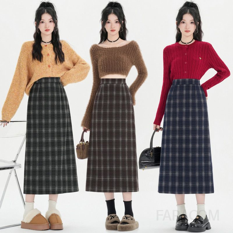 여성 클래식 체크 패턴 고탄력 에이라인 하이웨스트 뒷트임 롱 스커트 오피스룩 출근룩 모던 데일리 뒷밴딩 치마 - 상품 이미지