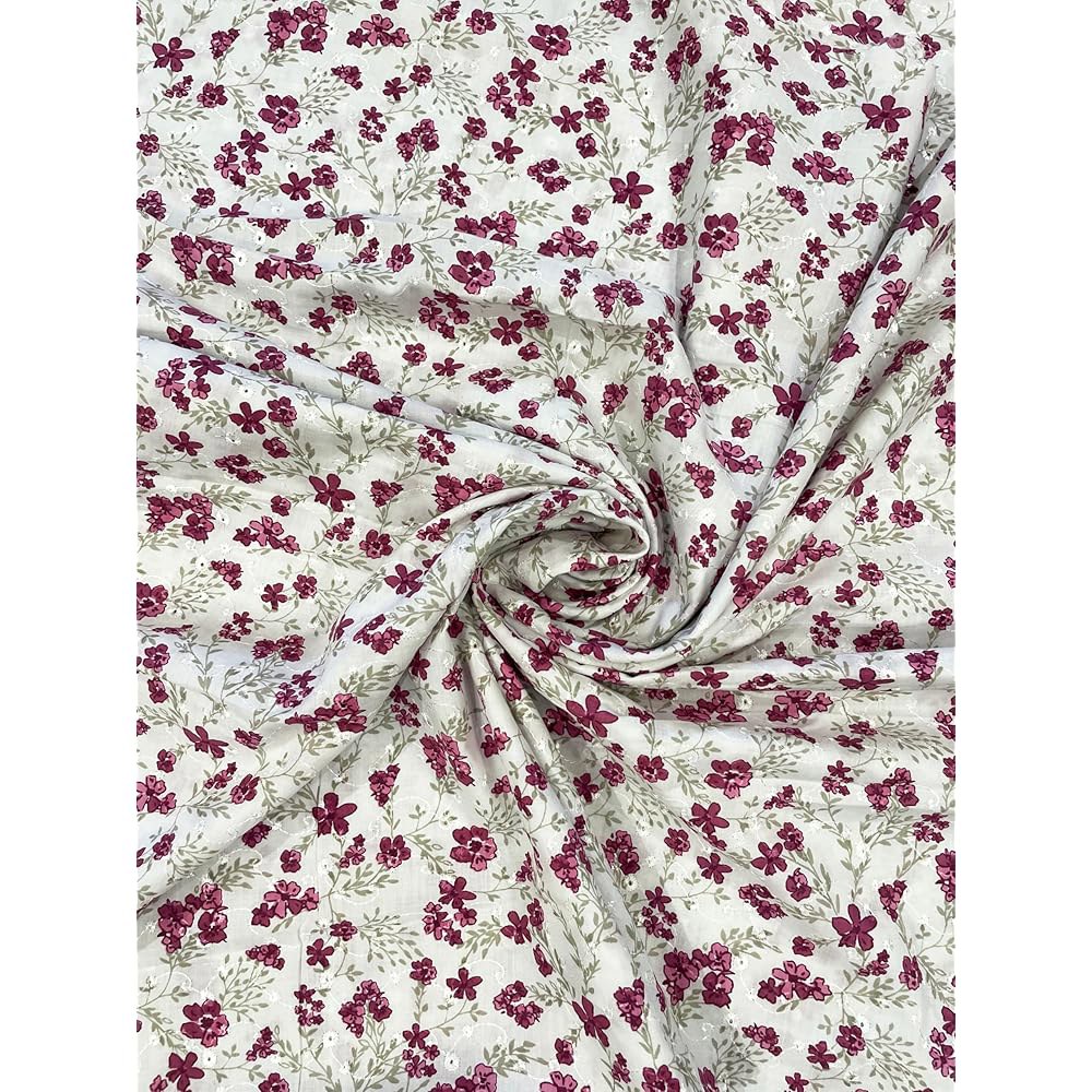 야드 단위의 100 면 치칸 아일렛 106.7cm(42인치) 꽃무늬 크림 원단 공예, 와인-2야드) DIY 있는 자수 부드러운 드레스, 하코바 홈 프린트가 데코를 스타일 위한 너비 - 상품 이미지