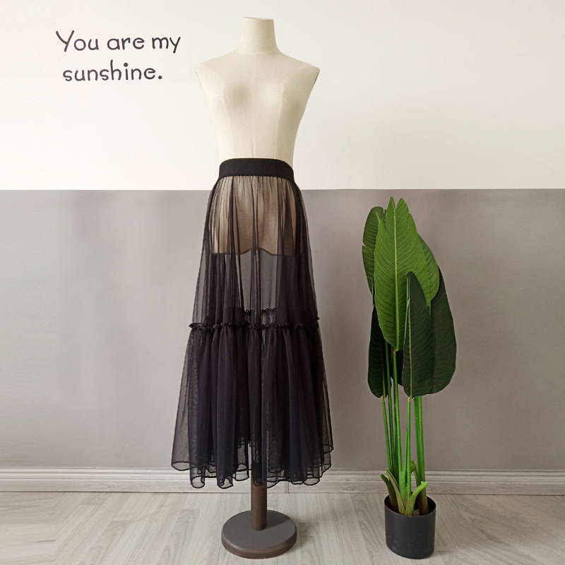 레이어드 샤스커트 시스루 망사 비침 스커트투명 매쉬 롱 블랙 70cm - 상세 이미지 3
