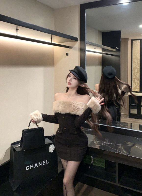여성 페미닌 슬림핏 스판 퍼트리밍 오프숄더 튜브탑 암워머 코디 섹시 미니 원피스 하객룩 연말룩 파티룩 - 상세 이미지 4