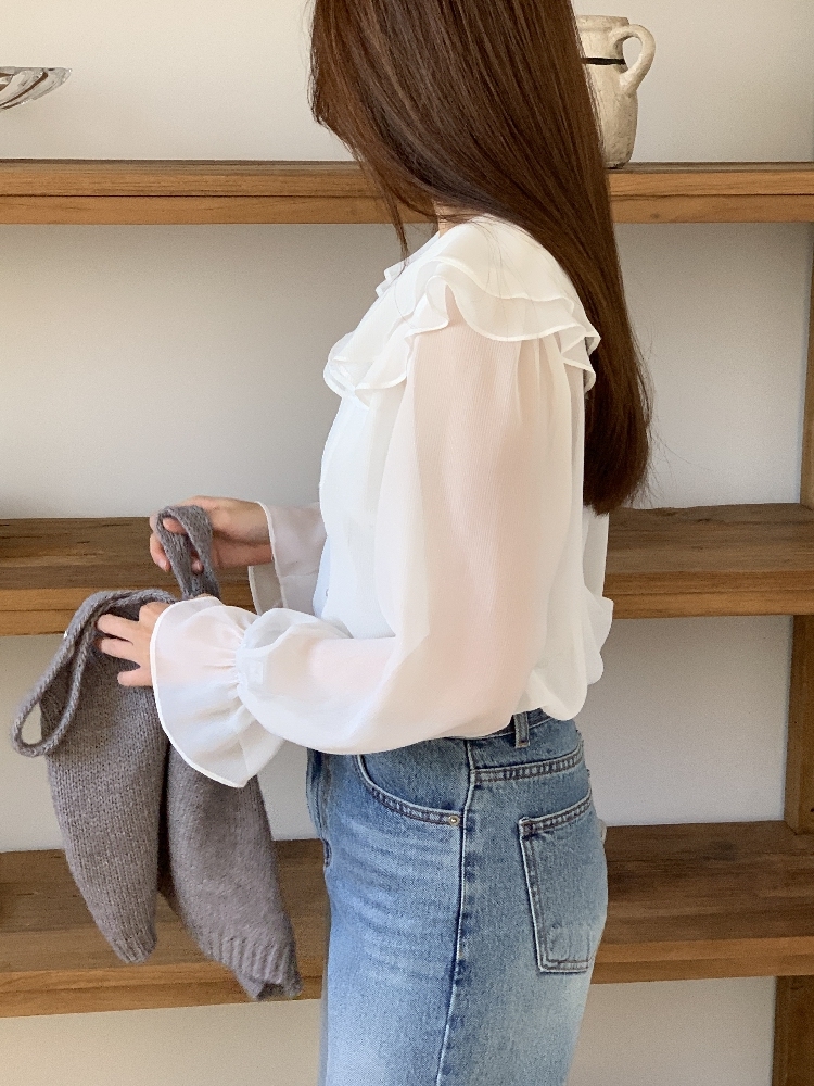 쉬폰블라우스 시스루블라우스 빅카라 프릴 셔링 하객룩 출근룩 셔츠 - 상세 이미지 2