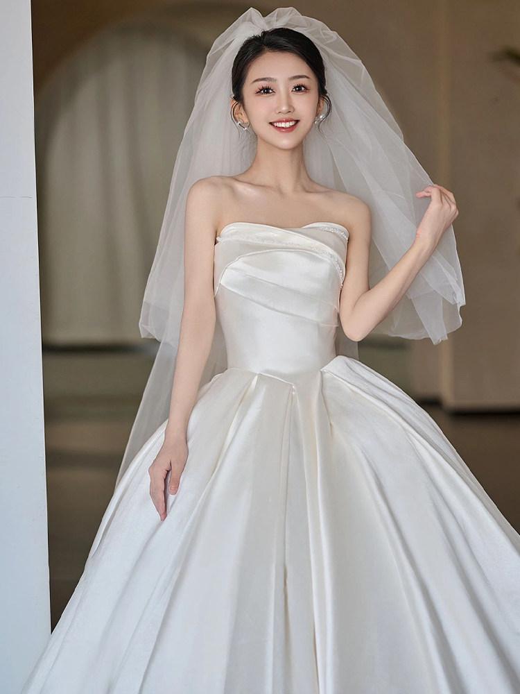 셀프웨딩 타프타 웨딩스냅 야외스냅 촬영 드레스 2부 화이트 플로어 길이 단품 XS - 상품 이미지