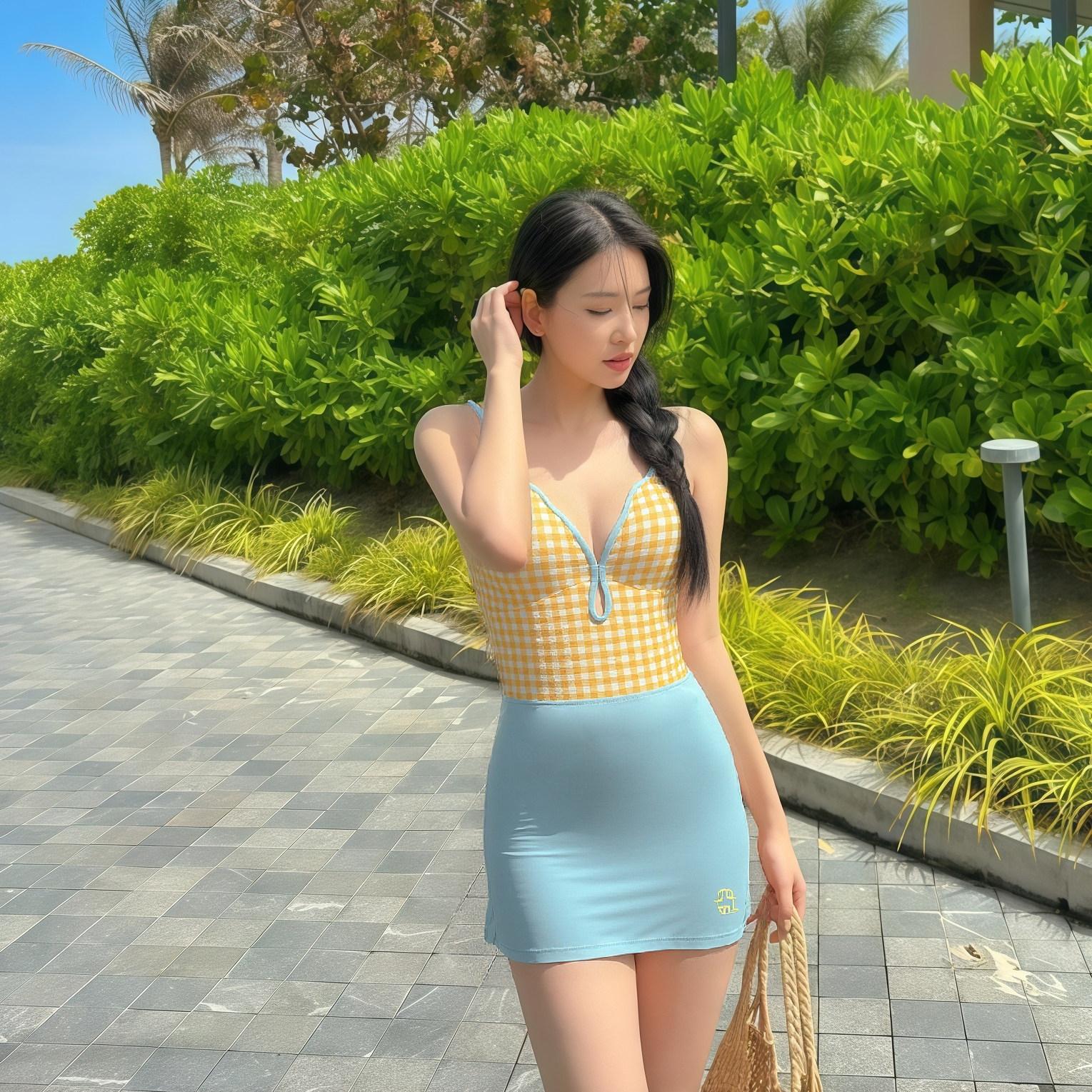 체크 레이스업 원피스수영복 호캉스 휴양지 호텔 워터파크 옐로우 수영복 M - 상세 이미지 3