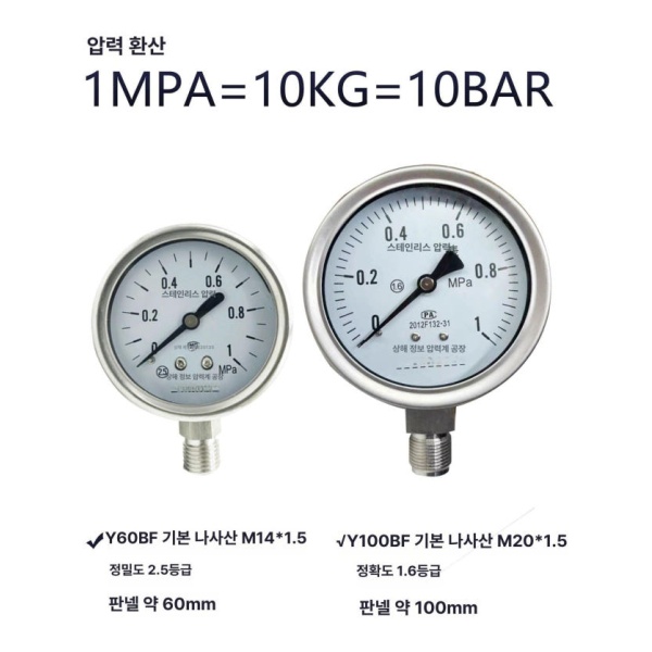 정밀 산업용 스테인리스 압력계 고온용 게이지 Y60BF 0-0.1MPa 1KG Y60BF 0-0.1MPa 1KG - 상세 이미지 5
