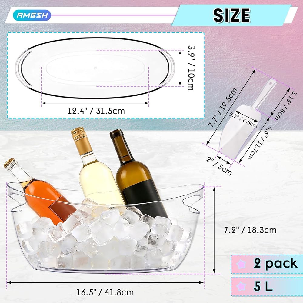 AMGSH 아이스 버킷 2개, 스쿱이 휴대용 5L 욕조 음료 칠러 투명 버킷, 파티용 미모사 쿨러, 칵테일 용품 통, 음료/와인/맥주용 있는 바용 바 샴페인 - 상세 이미지 2