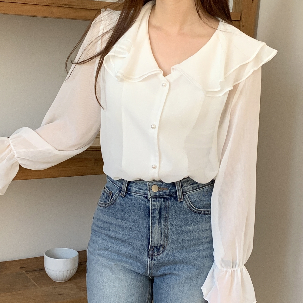 쉬폰블라우스 시스루블라우스 빅카라 프릴 셔링 하객룩 출근룩 셔츠 - 상품 이미지
