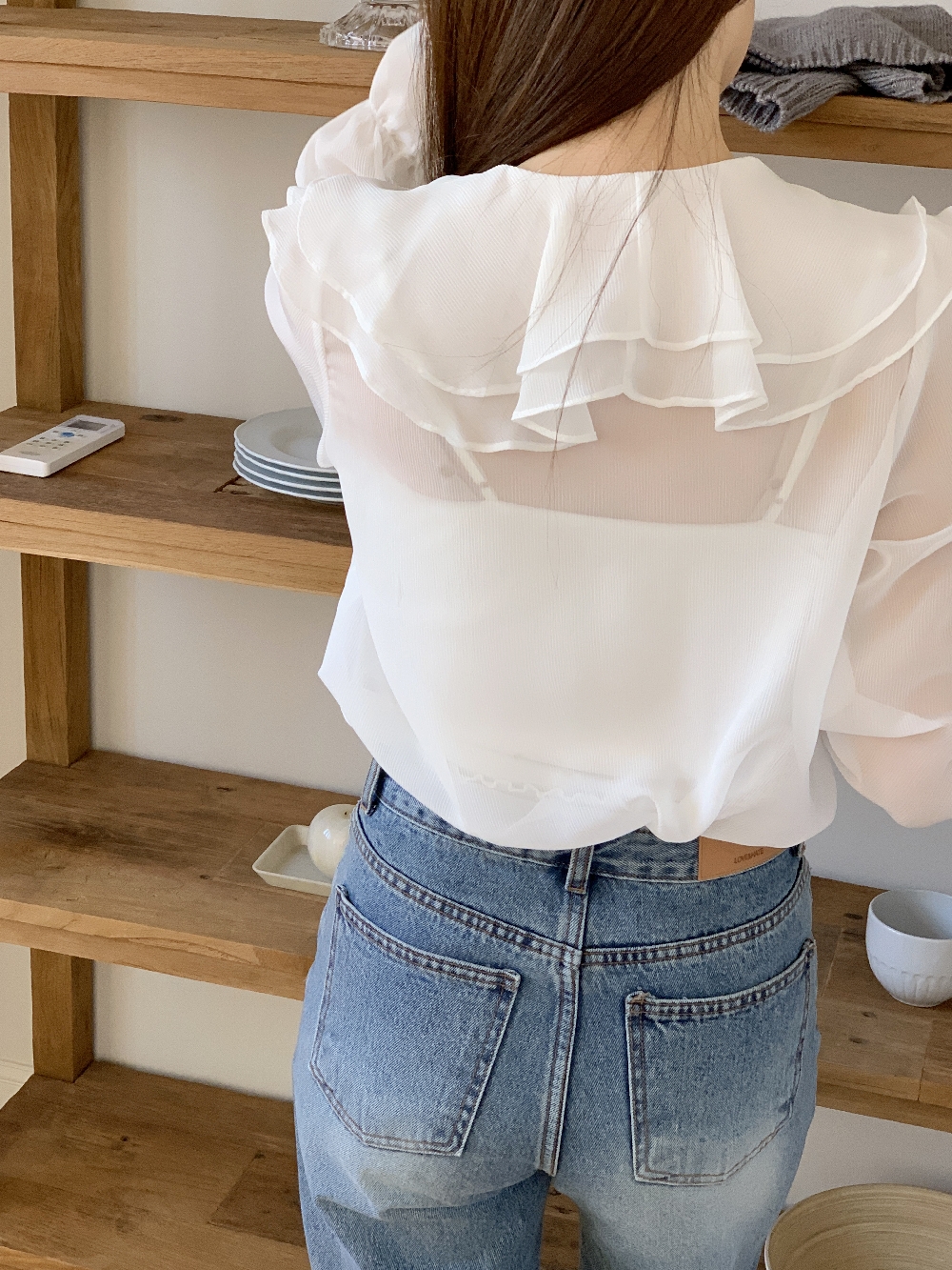 쉬폰블라우스 시스루블라우스 빅카라 프릴 셔링 하객룩 출근룩 셔츠 - 상세 이미지 3