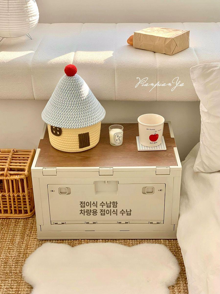 수납함 집모양 바구니 뚜껑 그레이리빙 블루 간식수납통 레드 뚜껑 작은 집 면직물 바구니 - 상세 이미지 3