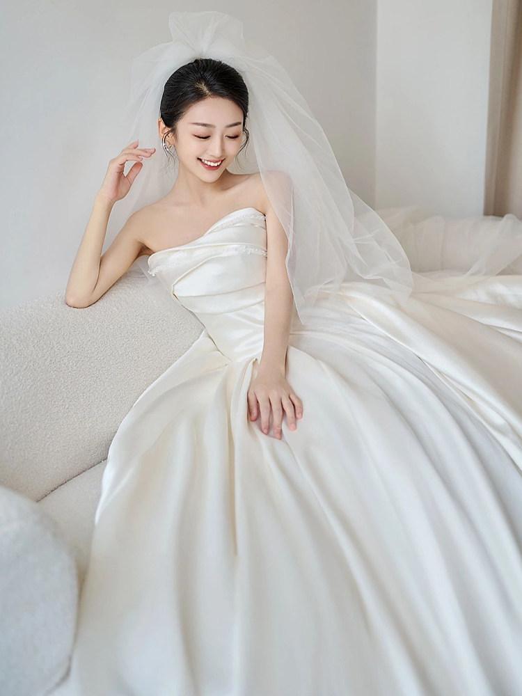 셀프웨딩 타프타 웨딩스냅 야외스냅 촬영 드레스 2부 화이트 플로어 길이 단품 XS - 상세 이미지 2