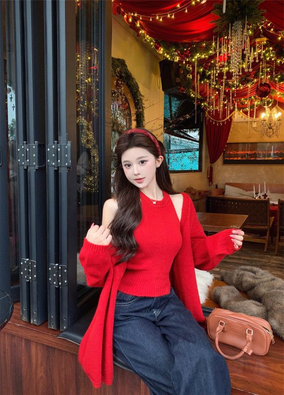 여성 빈티지 무드 프리미엄 울 소재 루즈핏 가디건 슬리브리스 민소매 코디 니트 투피스 데일리룩 오피스룩 - 상세 이미지 5
