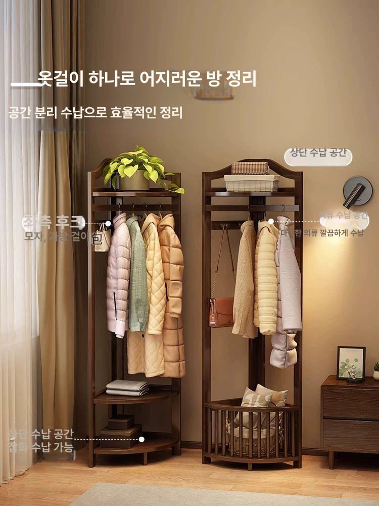 원목 코너 원룸 수납 옷걸이 스탠딩 선반 공간활용 침실 클래식 코너 월넛 - 상세 이미지 3
