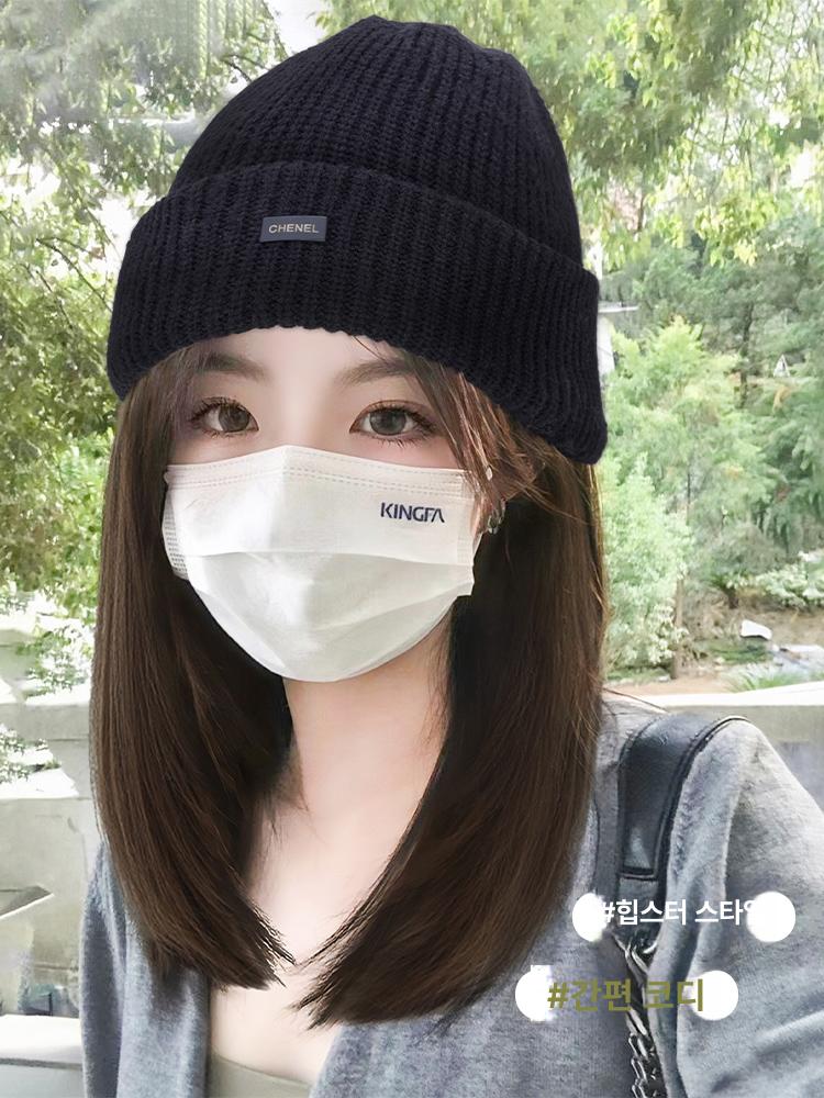 미디움단발 가발모자 여성 일체형 비니 단발 항암모자가발 웨이브 헤어 햇 미디엄 길이 미디움 - 상세 이미지 3