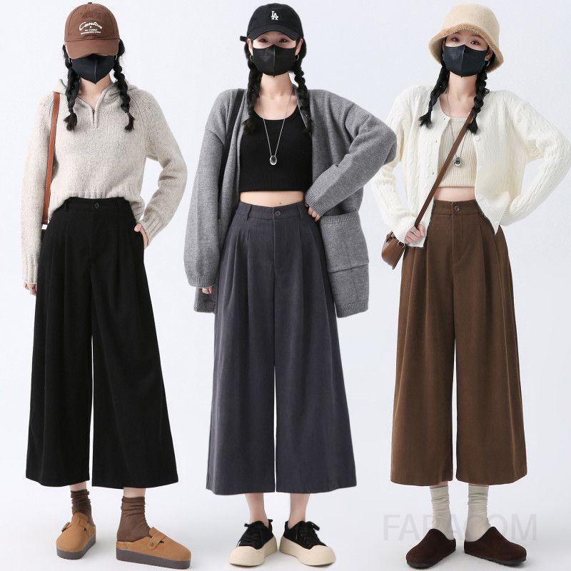 여성 데일리 캐주얼 와이드 코듀로이 하이웨스트 핀턱 포켓 팔부 와이드 팬츠 바지 - 상품 이미지