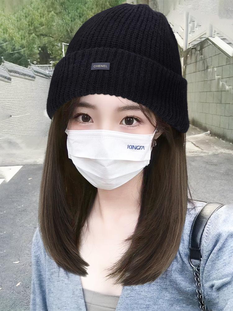 미디움단발 가발모자 여성 일체형 비니 단발 항암모자가발 웨이브 헤어 햇 미디엄 길이 미디움 - 상품 이미지