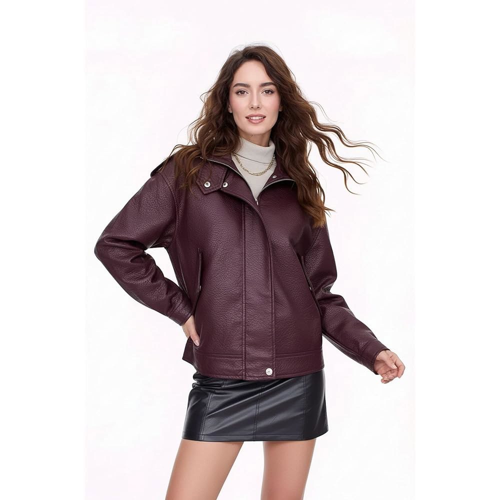 Pallivare 여성용 인조 가죽 재킷 PU L 슬림 와인 봄 오토바이 쇼트 패션 의상 코트, 바이커 레드, Black2 X-Small - 상세 이미지 2