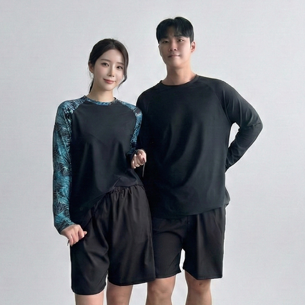 남자 여성 래쉬가드 세트 루즈핏 긴팔 빅사이즈 커플 수영복 - 상세 이미지 4