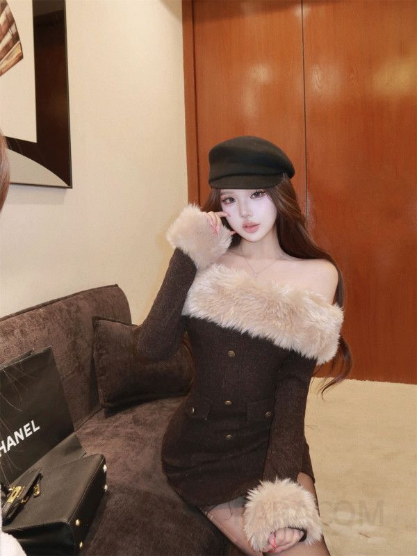 여성 페미닌 슬림핏 스판 퍼트리밍 오프숄더 튜브탑 암워머 코디 섹시 미니 원피스 하객룩 연말룩 파티룩 - 상세 이미지 2