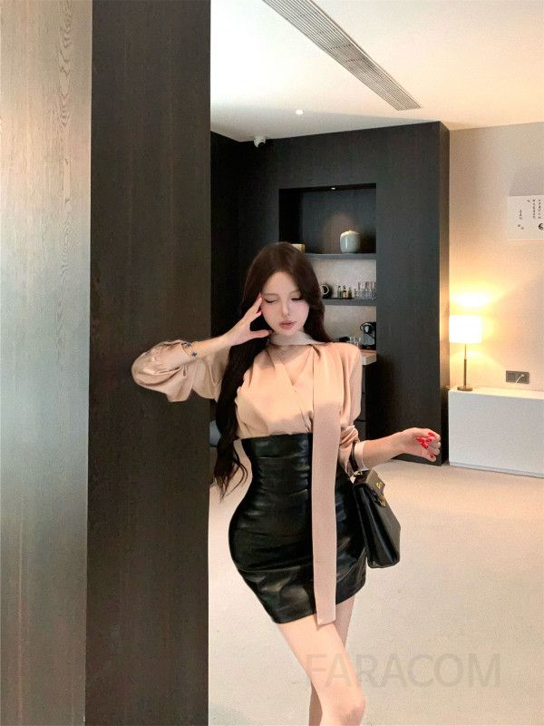 여성 고급스러운 루즈핏 아세테이트 브이넥 스카프 타이 블라우스 레더 가죽 미니 스커트 코디 - 상세 이미지 4