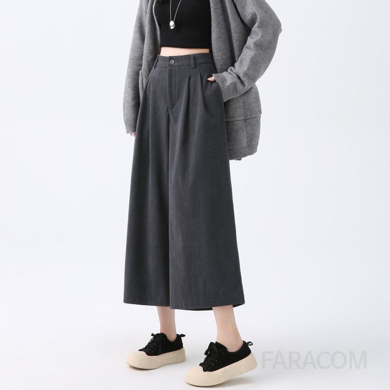 여성 데일리 캐주얼 와이드 코듀로이 하이웨스트 핀턱 포켓 팔부 와이드 팬츠 바지 - 상세 이미지 3