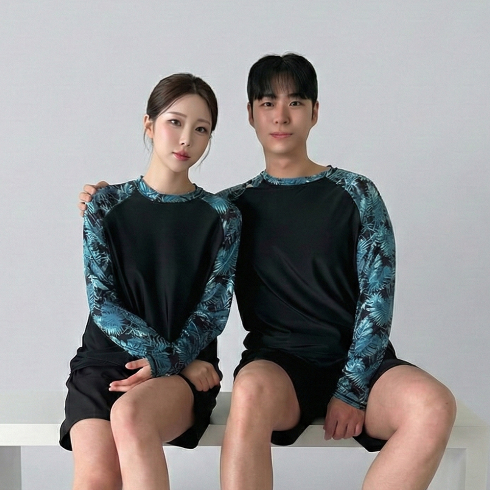 남자 여성 래쉬가드 세트 루즈핏 긴팔 빅사이즈 커플 수영복 - 상세 이미지 5