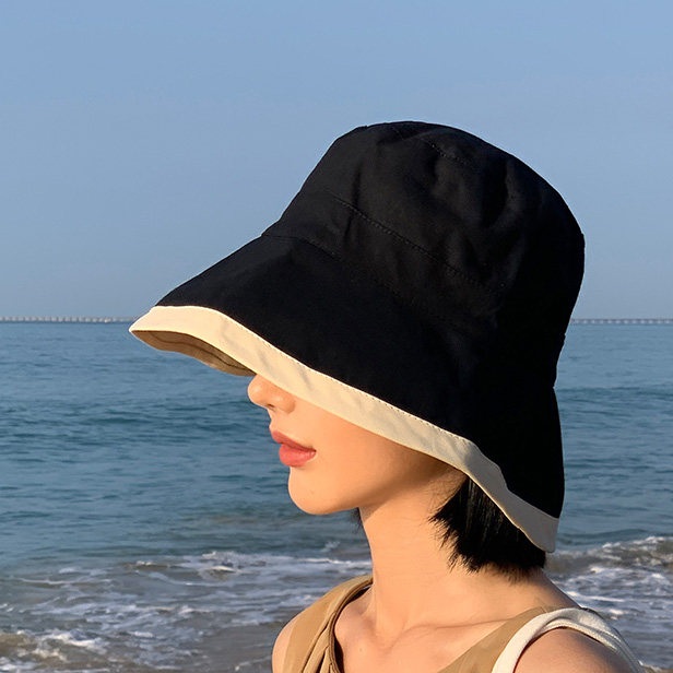 양면모자 중년 부드러운 면소재 통기성 편안한 버킷햇 디자인 챙모자 검정+카멜8cm챙 M - 상세 이미지 4