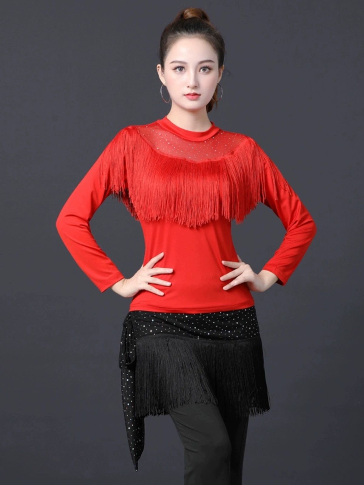 라인댄스복 힙스카프 바지 부츠컷 라틴 상의 밸리 연습복 레드 상의 M - 상품 이미지