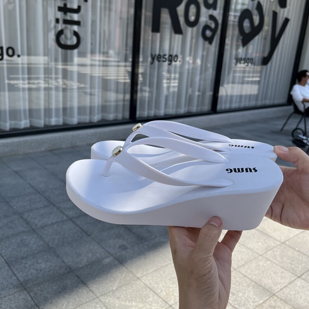 키높이 통굽쪼리 여성 슬리퍼 고무재질 7cm 웨지힐 비치 데일리 발편한 미끄럼방지 여름 - 상세 이미지 5