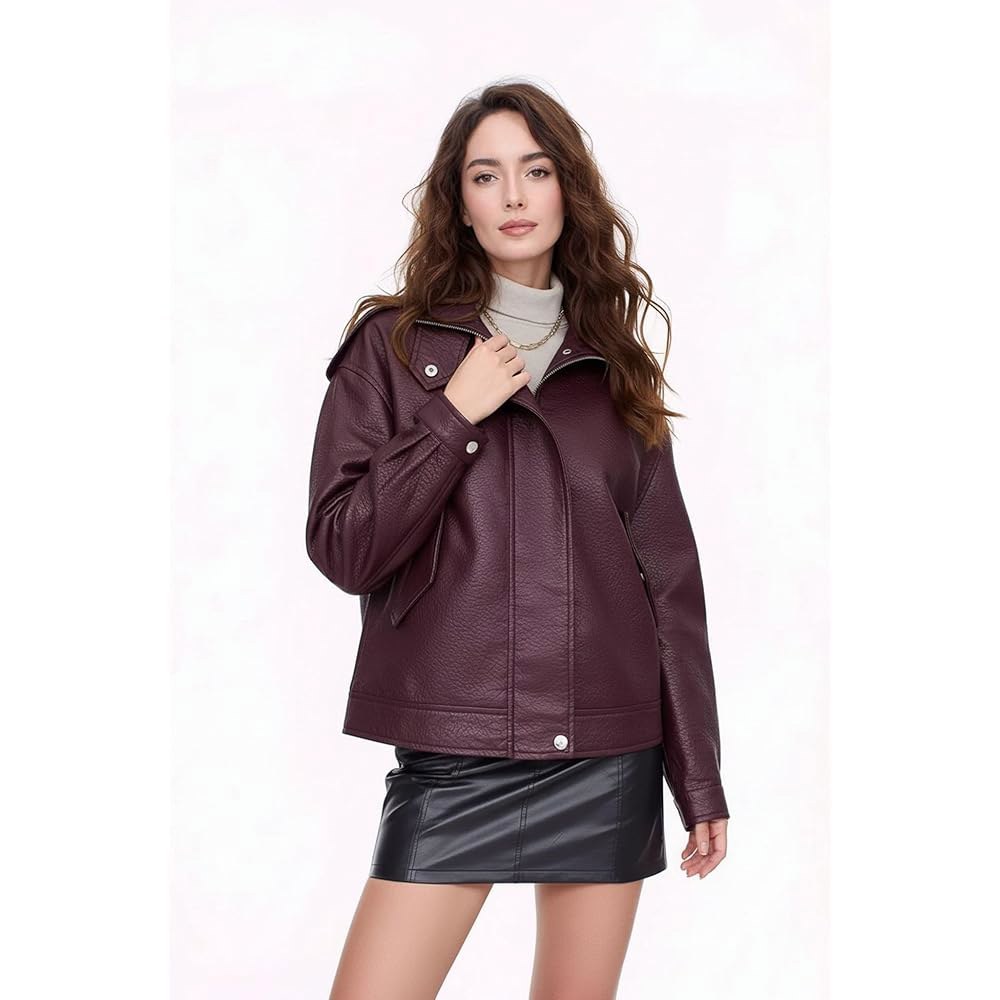 Pallivare 여성용 인조 가죽 재킷 PU L 슬림 와인 봄 오토바이 쇼트 패션 의상 코트, 바이커 레드, Black2 X-Small - 상세 이미지 3