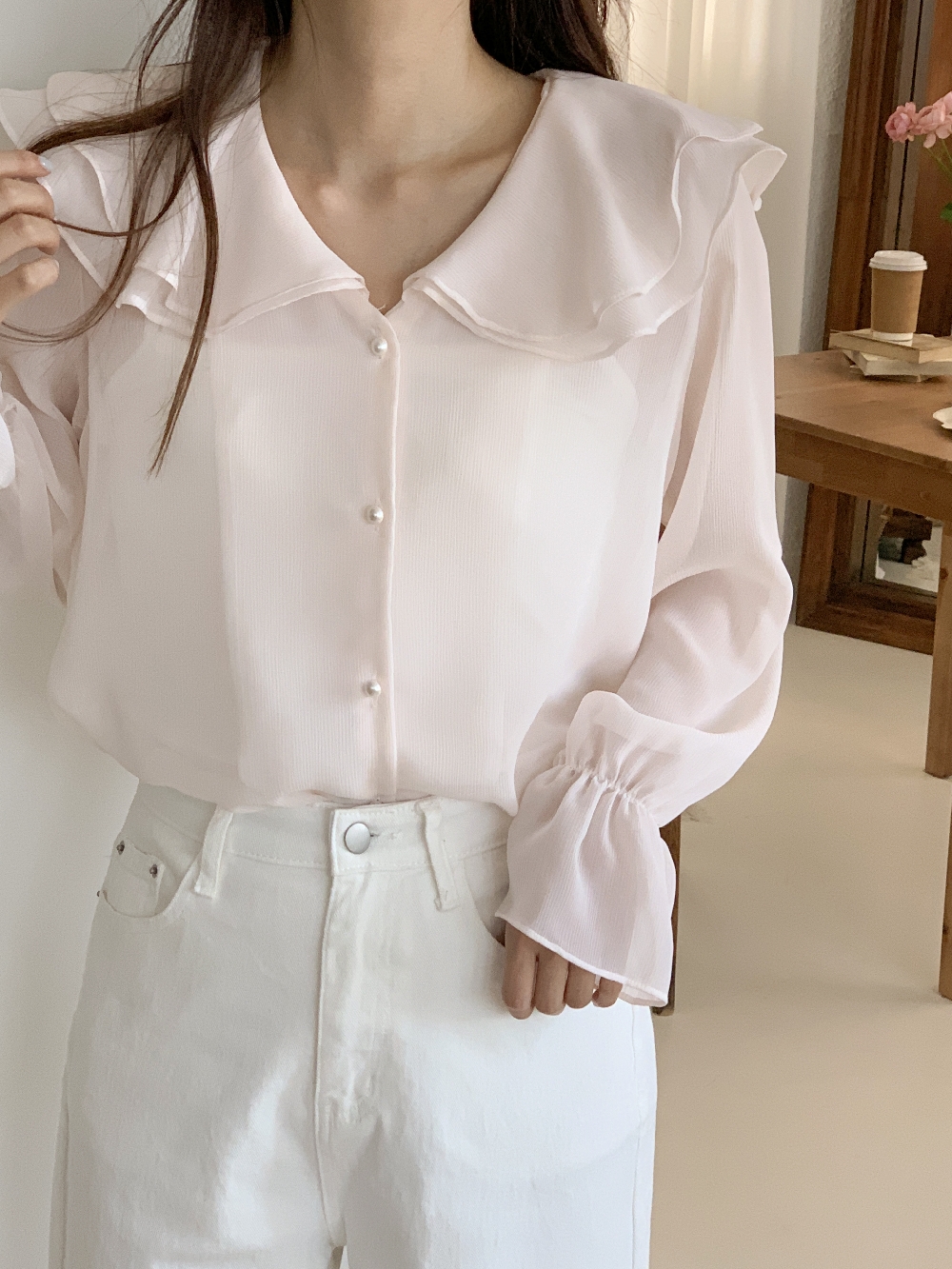 쉬폰블라우스 시스루블라우스 빅카라 프릴 셔링 하객룩 출근룩 셔츠 - 상세 이미지 5