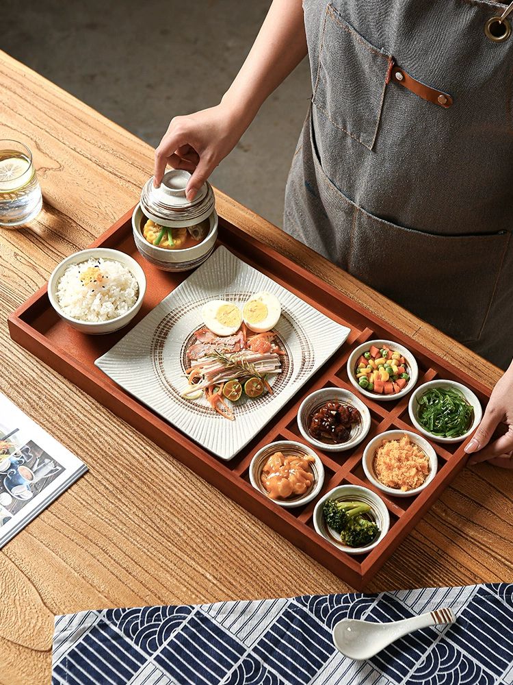 감성 혼밥 그릇 접시 1인 세트 식기 일식 우드트레이 플레인 화이트 시리 린넨 도트 사각 - 상세 이미지 3