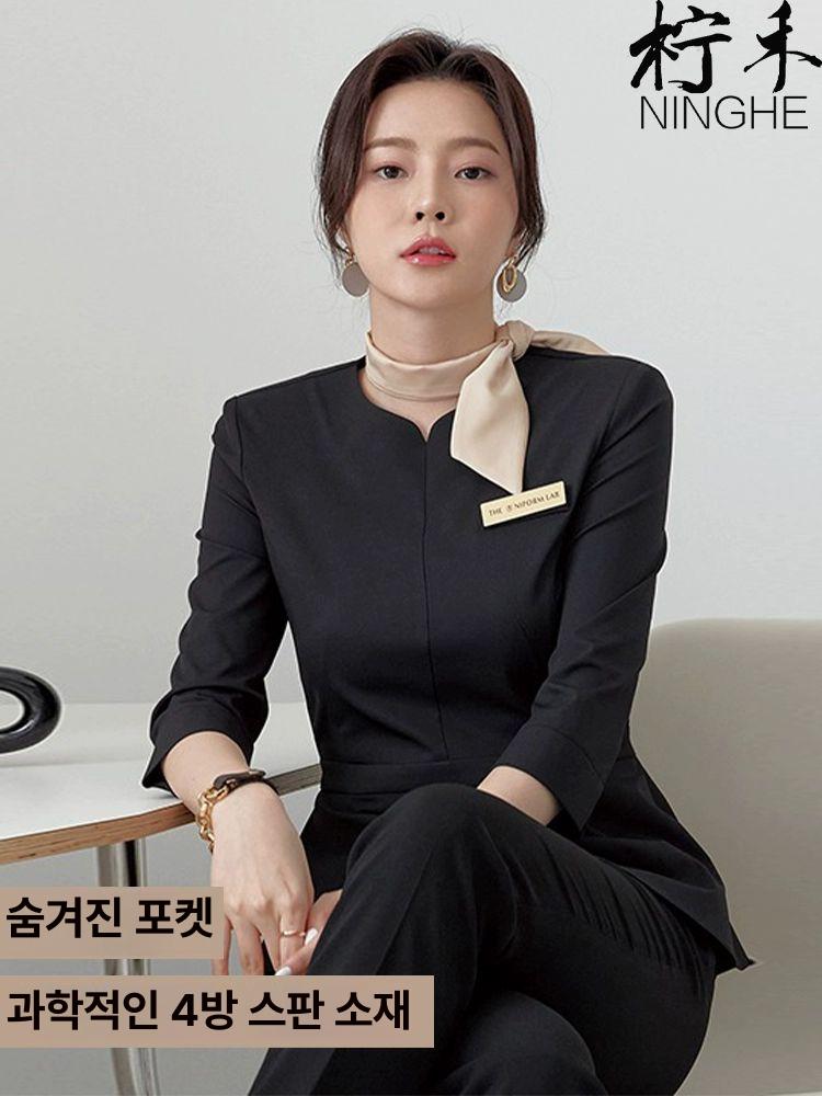 정장 병원 근무복 호텔 데스크 에스테틱 여성 프론트 블랙 7부 소매 세트 S - 상세 이미지 2