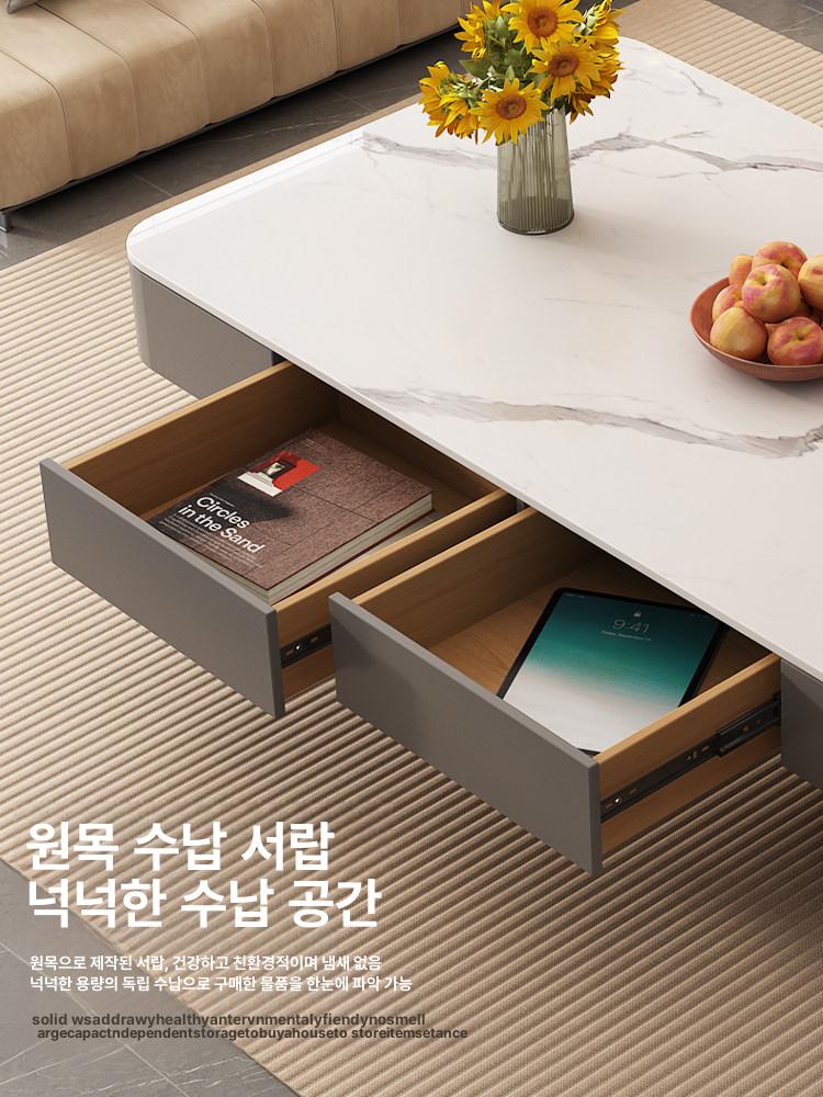 포세린 거실 테이블 티 낮은 식탁 좌탁 화이트 인테리어 120x60 스노우화이트 라임스톤+그레이 - 상세 이미지 4