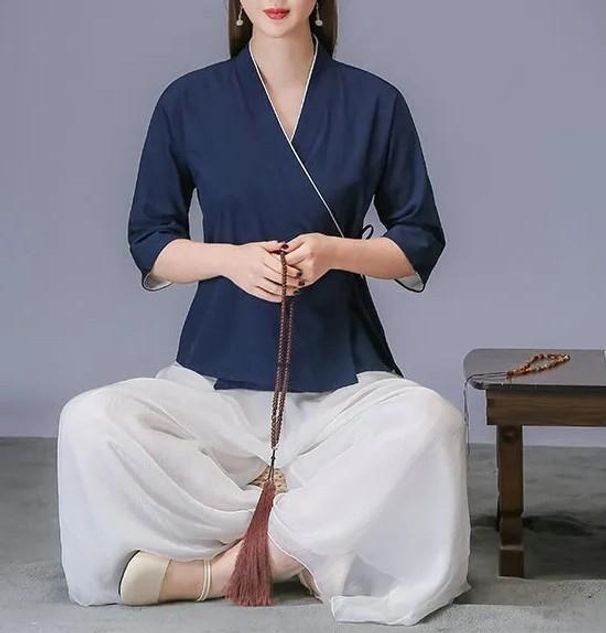 명상복 수련 세트 태극권 상하의 법복 요가 다크네이비 상의+와이드 팬츠 세트 M - 상세 이미지 3