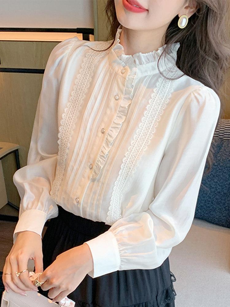 프릴블라우스 럭셔리 레이스 하이넥 노카라 중년여성 엄마 봄 가을 하객룩 화이트 S (40-47.5kg) - 상품 이미지