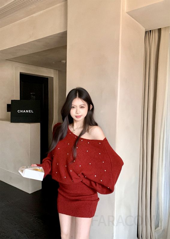 여성 루즈핏 울 핫픽스 큐빅 니트 원피스 미니 벌룬소매 라운드넥 데일리룩 하객룩 오피스룩 럭셔리 우아한 박시핏 이미지 6